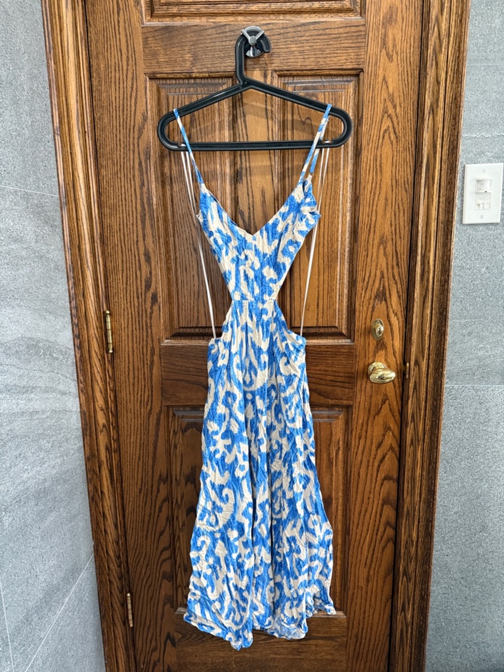 Blue and White Printed Maxi Dress with Spaghetti Straps